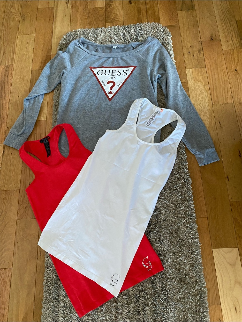GUESS Gray Logo Sweatshirt with Red and White Tanks